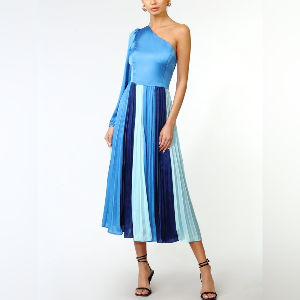 Cher One Shoulder Pleated Colorblock Midi Dress XS